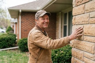 Homme souriant en tenue de travail devant façade rénovée
