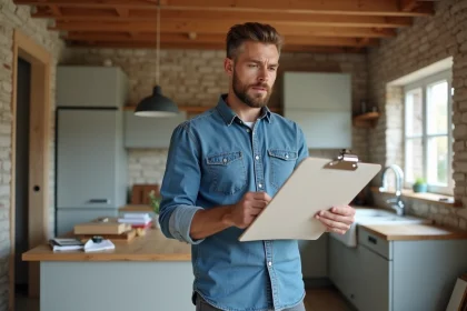 Homme d'&acirc;ge moyen en v&ecirc;tements d&eacute;contract&eacute;s examine des plans de r&eacute;novation
