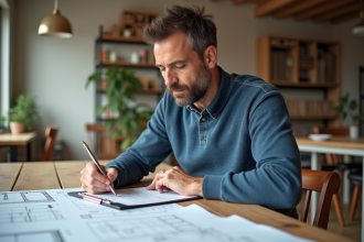 Homme d'âge moyen examine des plans de rénovation dans une maison lumineuse
