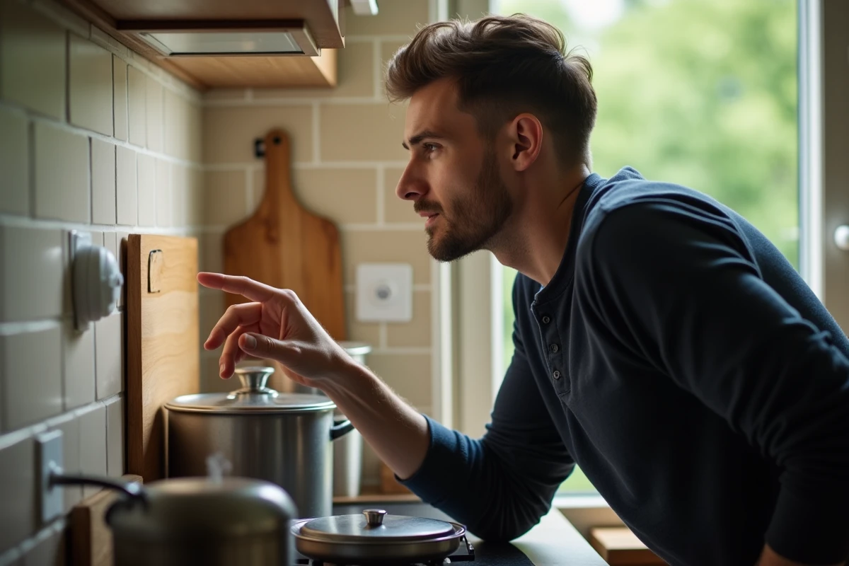 Homme appuyant sur le bouton de silence d'un détecteur de fumée près d'une fenêtre ouverte dans une cuisine