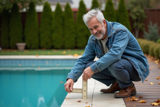 Homme d'âge moyen vérifiant le niveau d'eau de la piscine