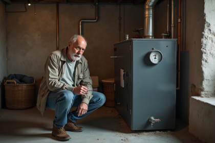 Homme vérifiant la pression d'une vieille chaudière en sous-sol