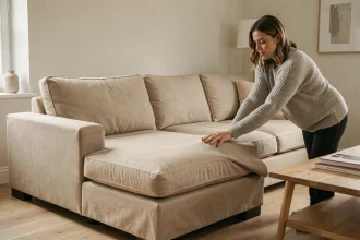 Femme ajustant une housse en lin beige sur un canapé méridienne dans un salon moderne au parquet chêne clair
