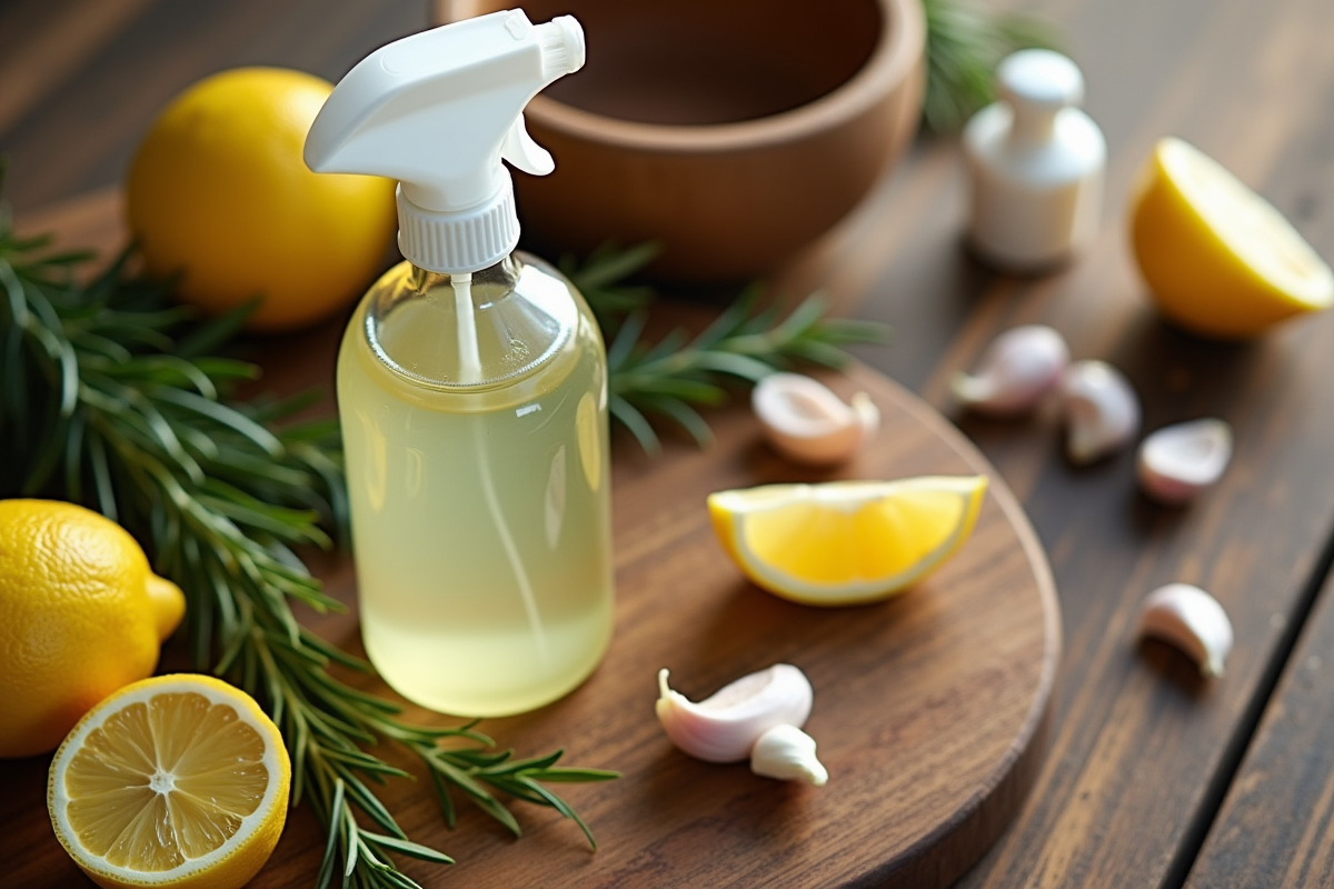 Table en bois avec citron, romarin et ail frais