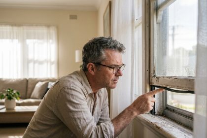 Homme inspectant le cadre d'une fenêtre ancienne à l'intérieur d'une maison pour évaluer son remplacement