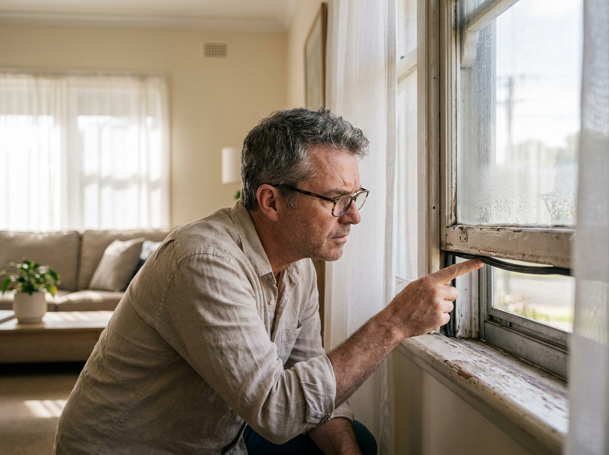 Homme inspectant le cadre d'une fenêtre ancienne à l'intérieur d'une maison pour évaluer son remplacement