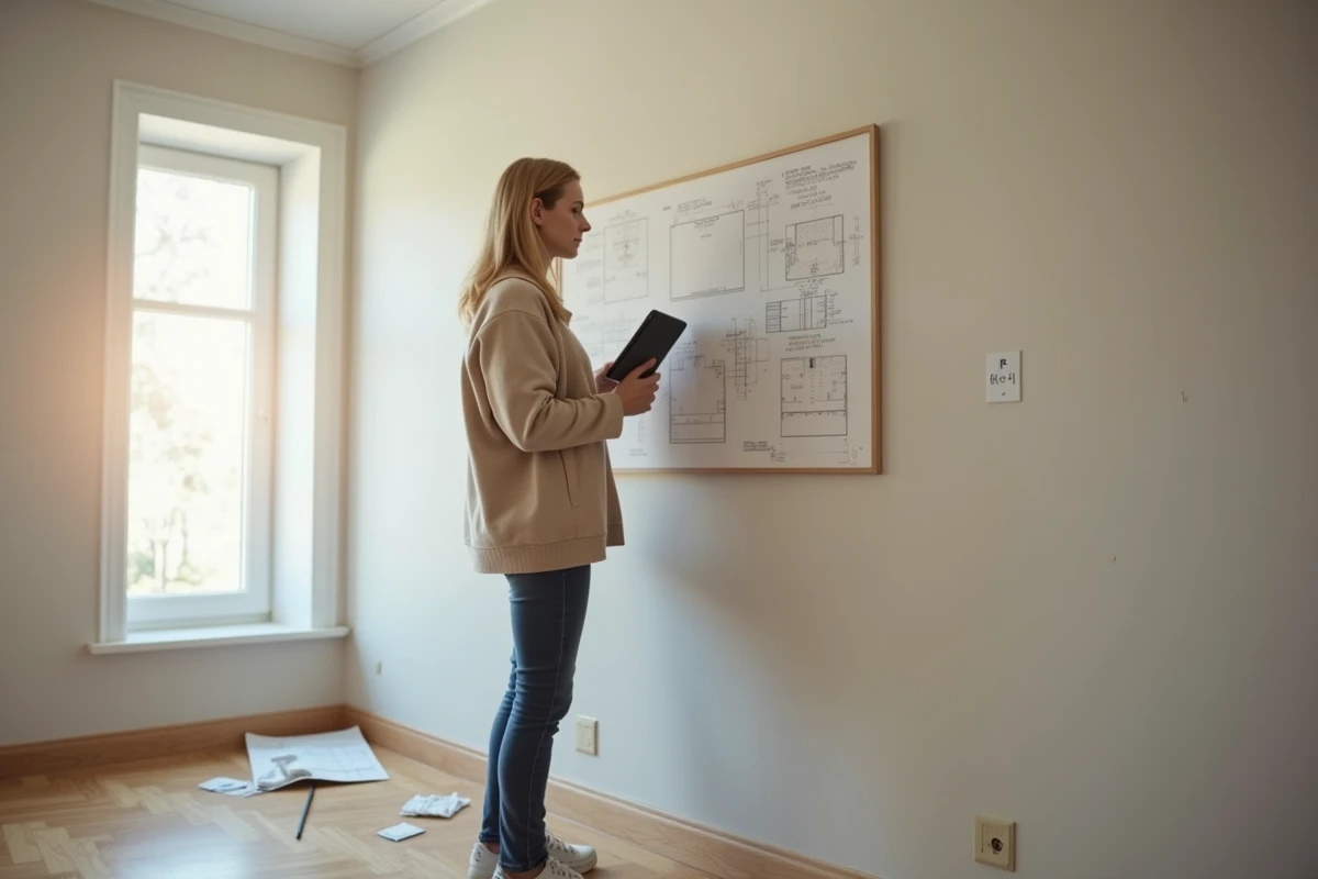 Femme inspectant les murs en placo isolant phonique d'une chambre rénovée avec plans de rénovation sur tablette