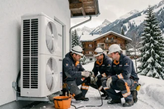 Installateurs de pompes à chaleur en Haute-Savoie devant un chalet alpin