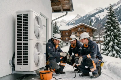 Installateurs de pompes à chaleur en Haute-Savoie devant un chalet alpin