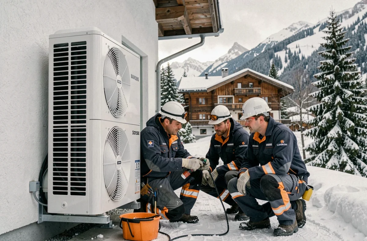 Installateurs de pompes à chaleur en Haute-Savoie devant un chalet alpin