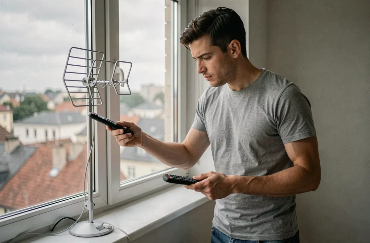 Homme installant une antenne TV intérieure sur le rebord d'une fenêtre d'appartement en ville