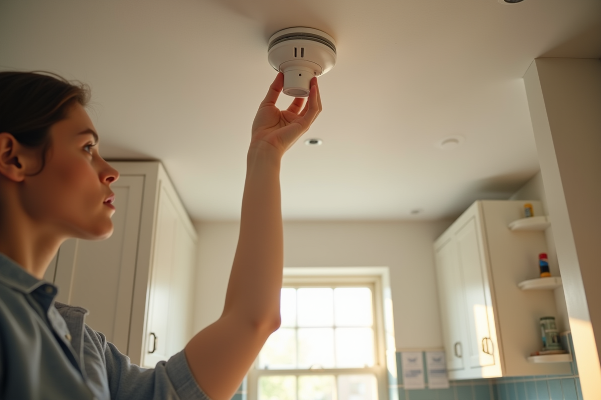 Personne changeant la pile d’un detecteur de fumee dans la cuisine