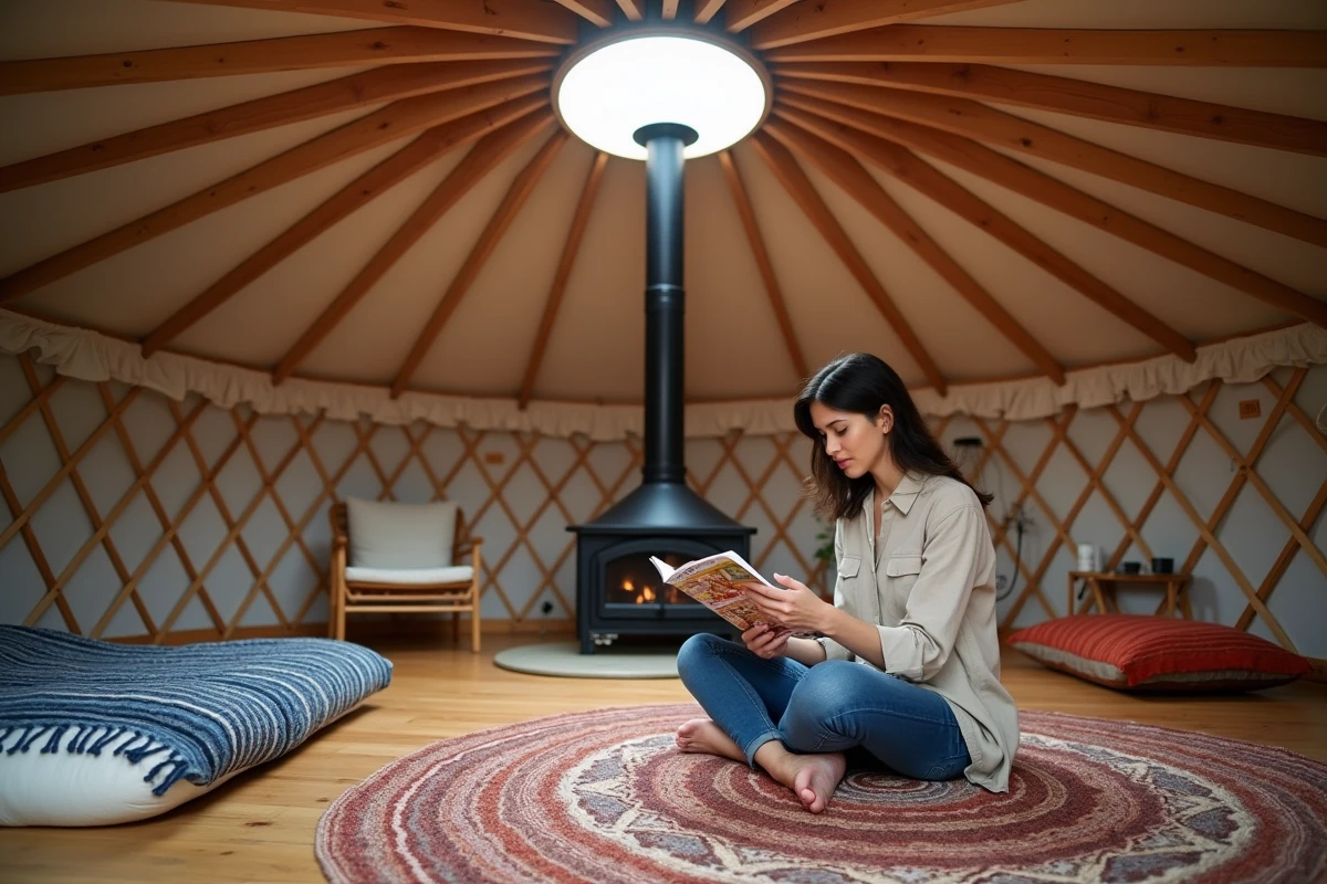 Intérieur chaleureux d'une yourte aménagée en France avec poêle central, tapis colorés et femme consultant un catalogue de fabricants