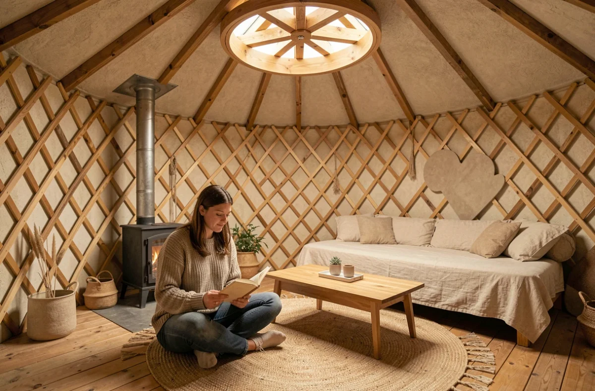 Intérieur chaleureux d'une yourte en bois avec poêle à bois, mobilier minimaliste et femme lisant sur un canapé