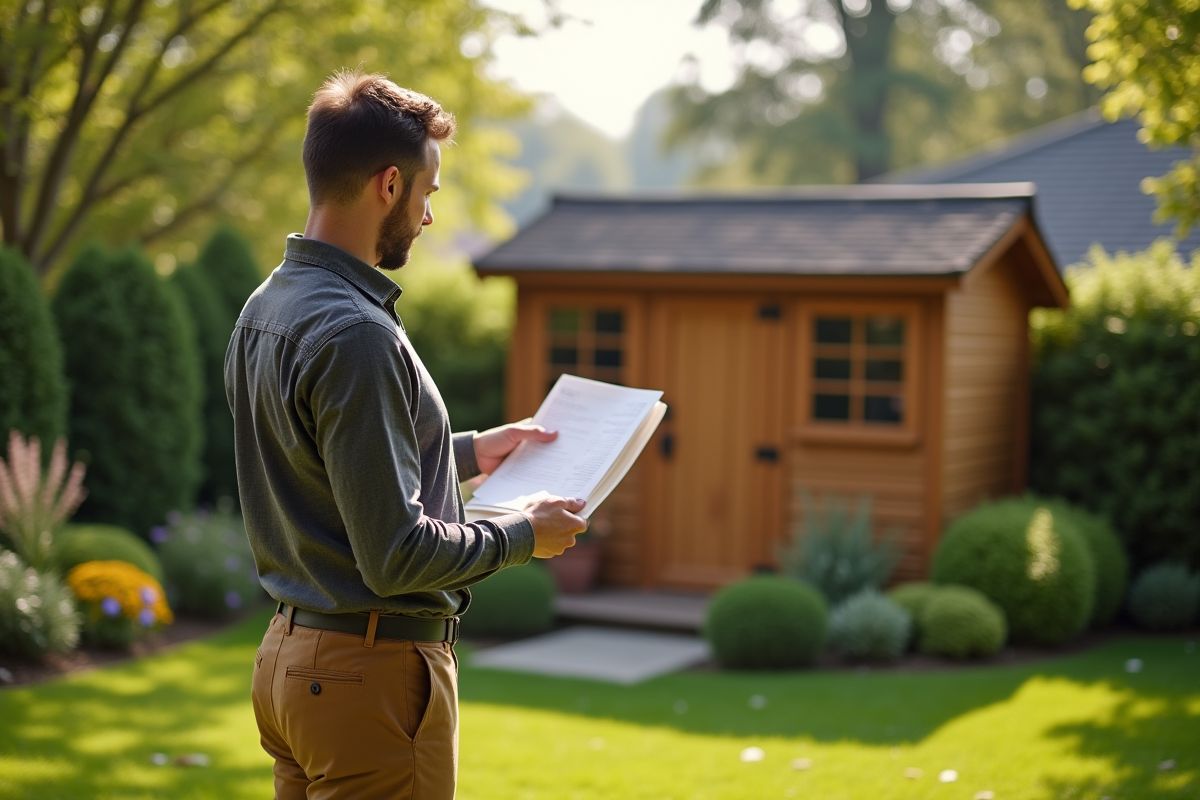 Personne examinant une cabane de jardin dans un jardin bien entretenu