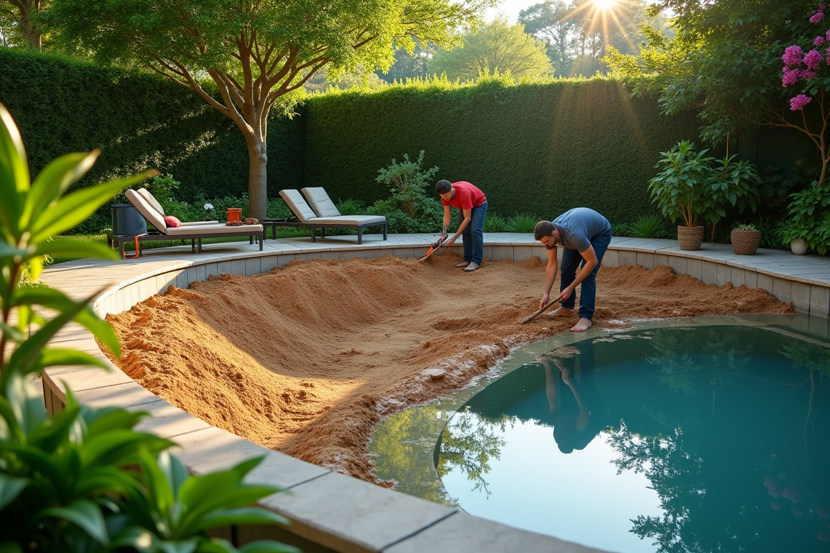 Jardin résidentiel avec piscine recouverte de terre et ouvriers