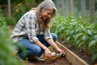 Femme dans son jardin verse du vinaigre sur le sol près des tomates