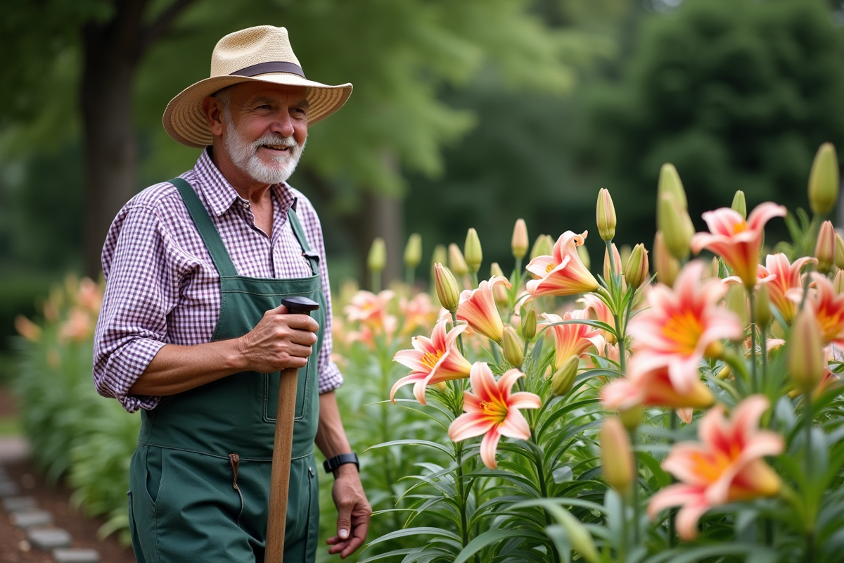 Jardinier avec trowel près de lys en fleurs