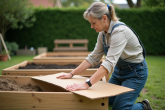 Femme jardinant pressant carton dans un lit de jardin