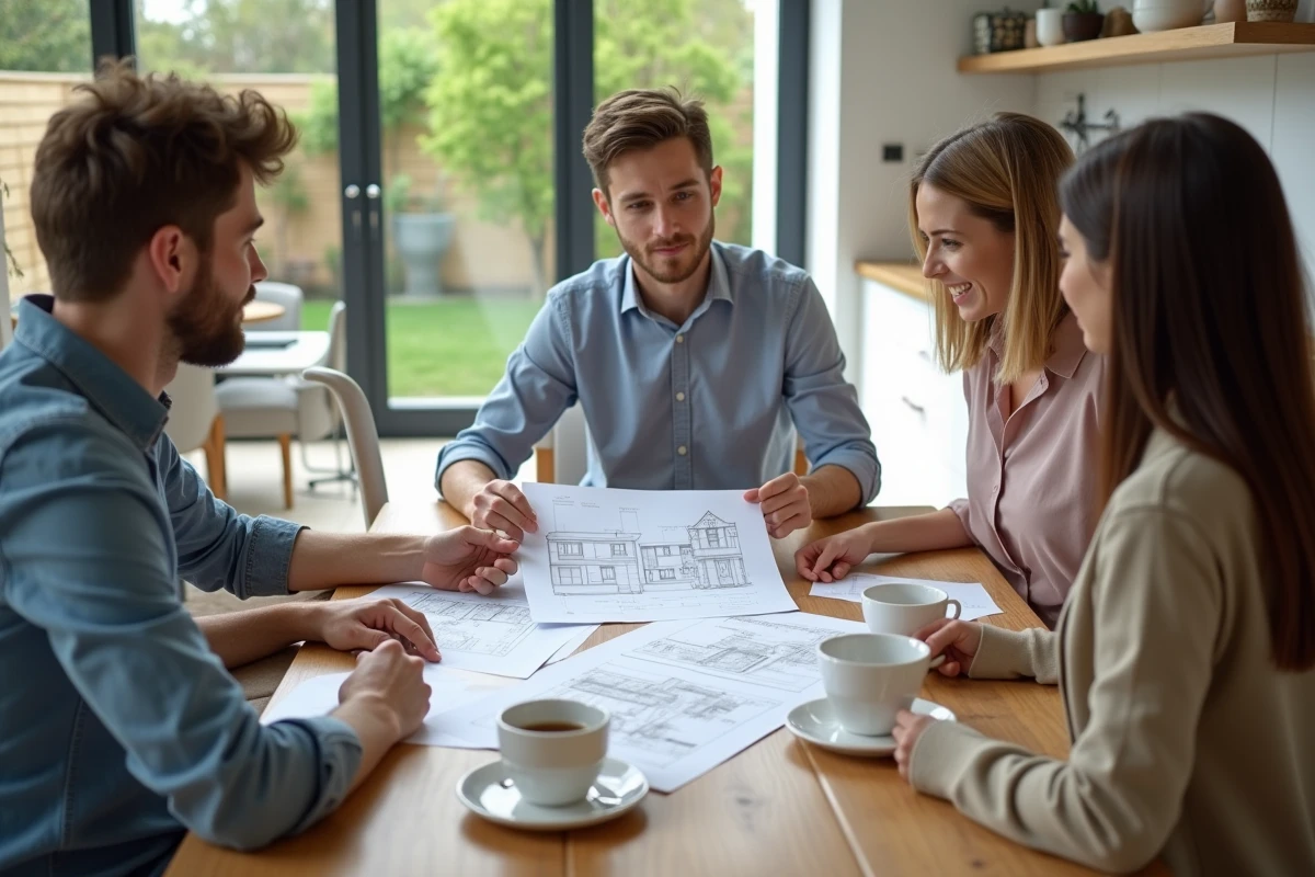 Jeune architecte examinant devis de renovation avec un couple