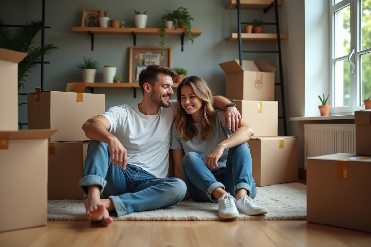 Jeune couple assis parmi des cartons dans un appartement moderne