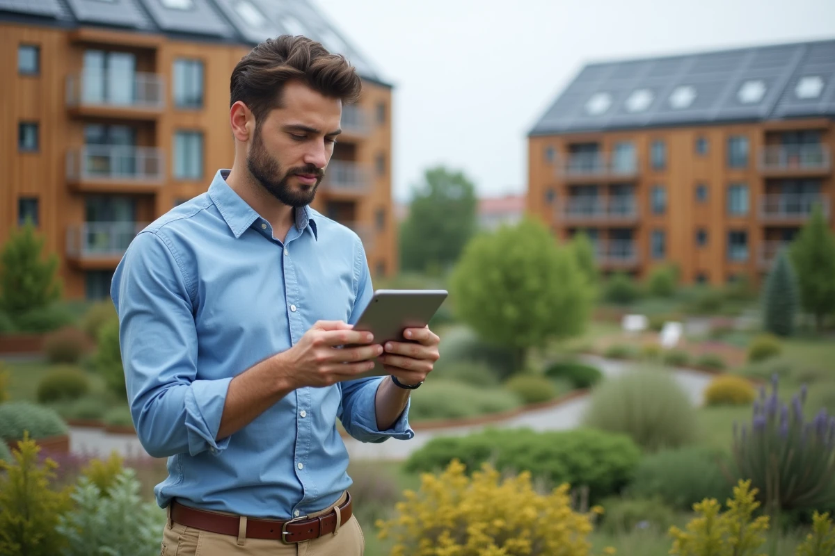 Jeune ingénieur analysant graphiques dans un jardin urbain durable