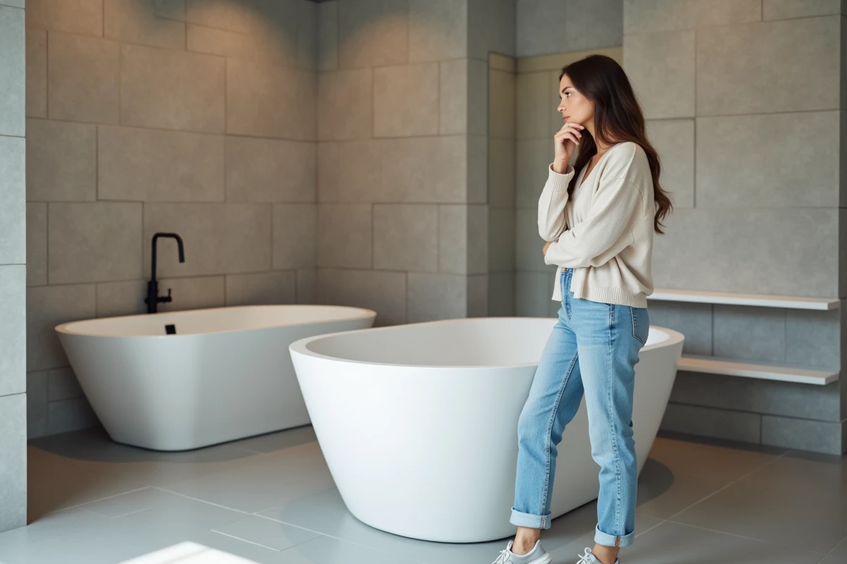 Jeune femme compare deux baignoires dans un showroom moderne