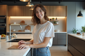 Jeune femme souriante examine un échantillon de cuisine moderne