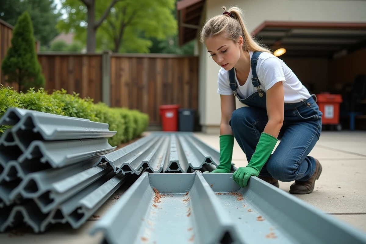 Jeune femme en overalls assemblant gouttiere zinc