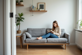 Jeune femme lisant dans un salon minimaliste