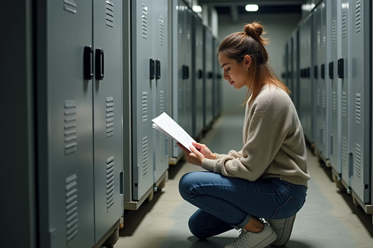 Jeune femme lisant un manuel pr&egrave;s d une prise industrielle