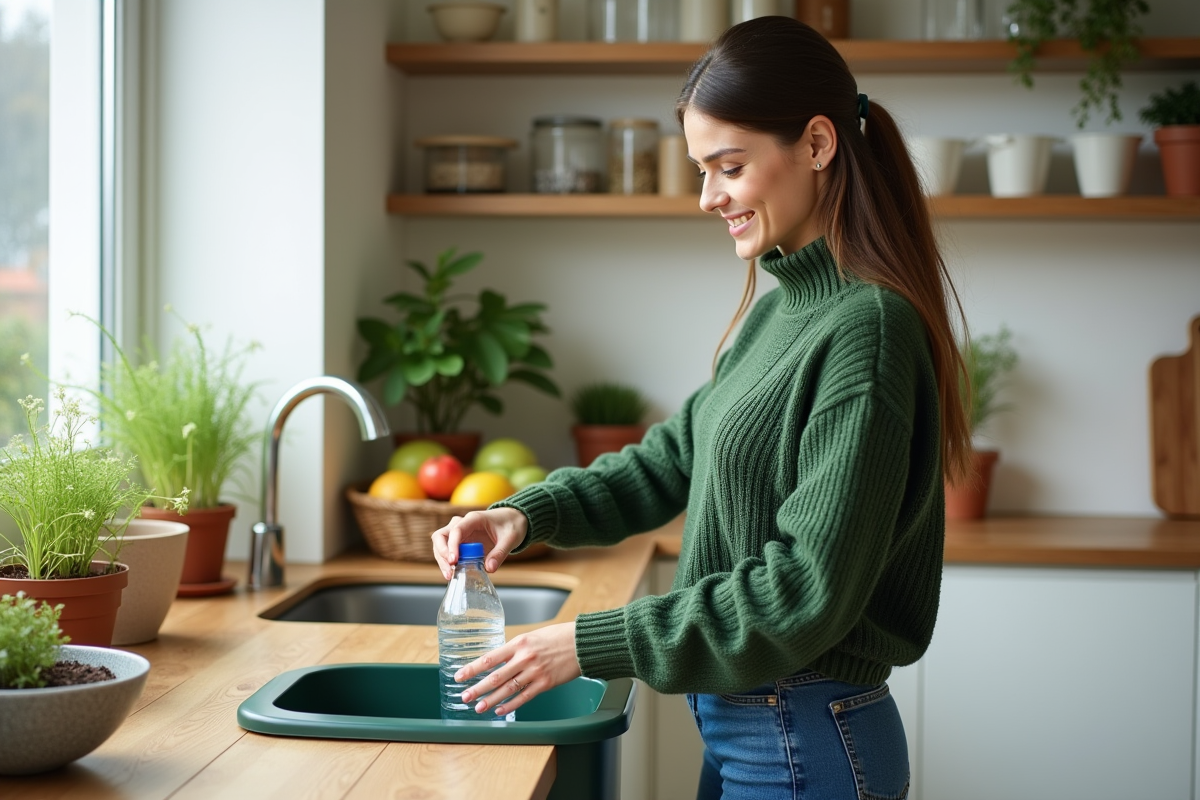 Jeune femme souriante recyclant une bouteille en cuisine