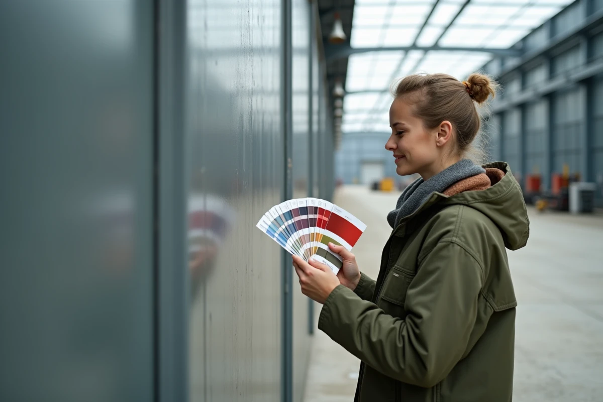 Jeune femme v&eacute;rifiant un nuancier Pantone sur un chantier industriel