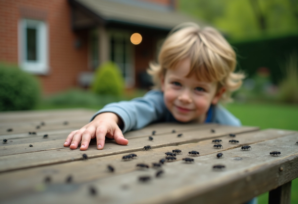 Jeune garçon observe des insectes sur une table de jardin