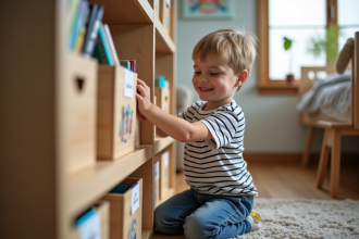 Garçon arrangeant des livres dans sa chambre organisée