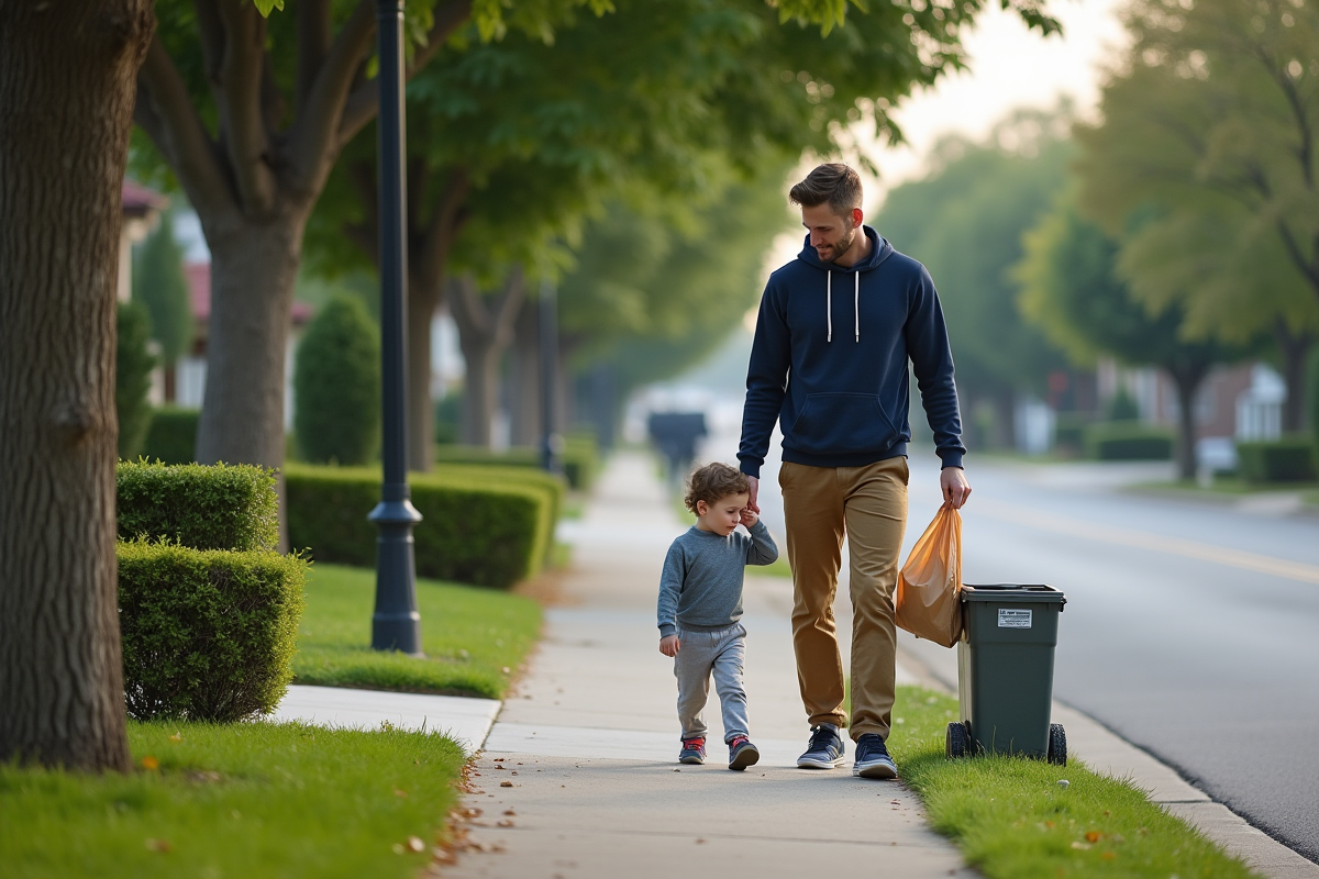 Jeune homme guide un enfant vers une poubelle à chien