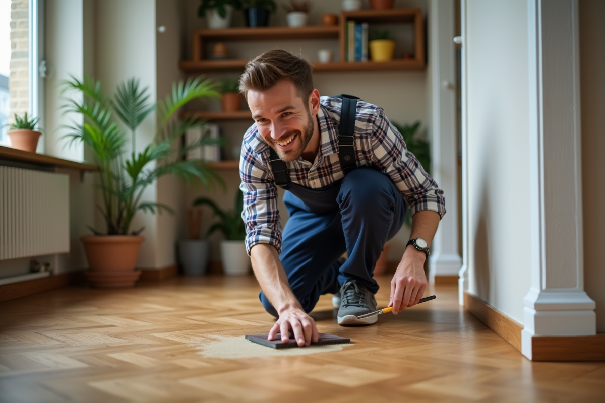 Jeune homme appliquant de la lasure sur un parquet neuf