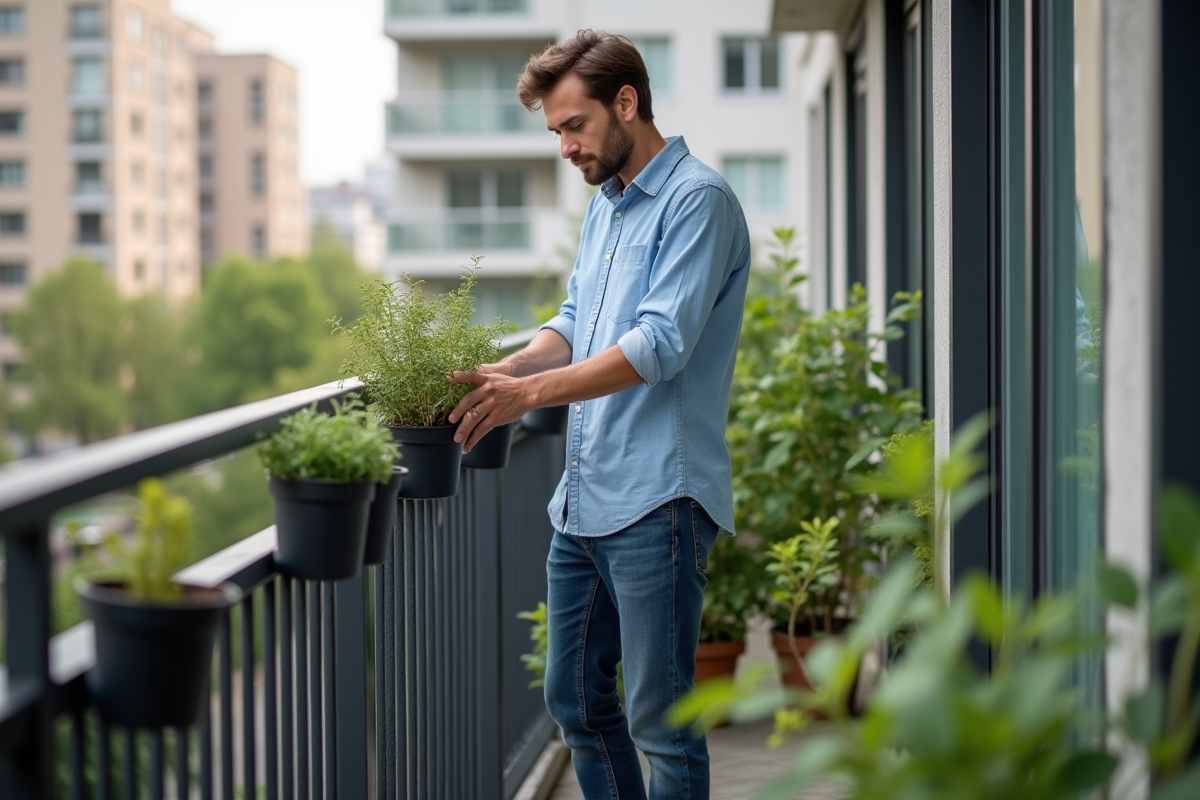 Jeune homme installant des jardinières sur un balcon urbain