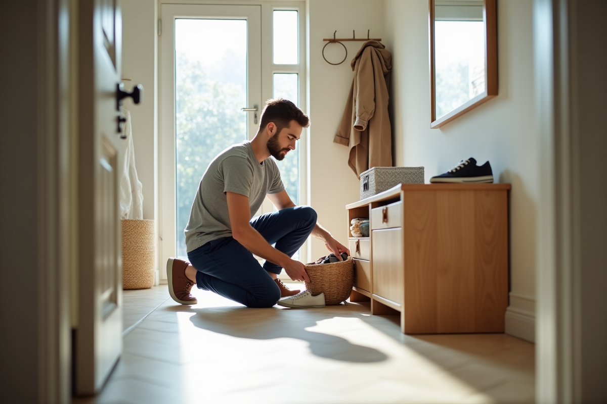 Jeune homme arrangeant des chaussures dans un meuble