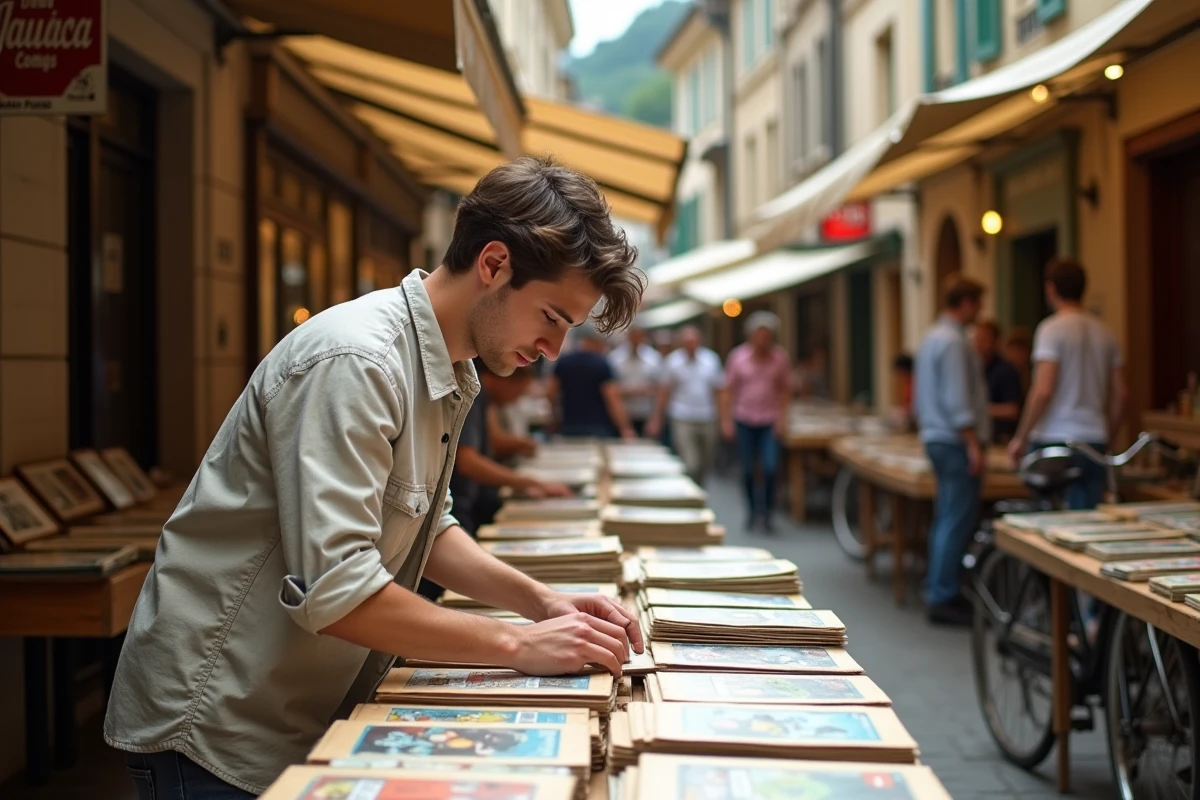 Jeune homme arrangeant des bandes de comics vintage sur un stand