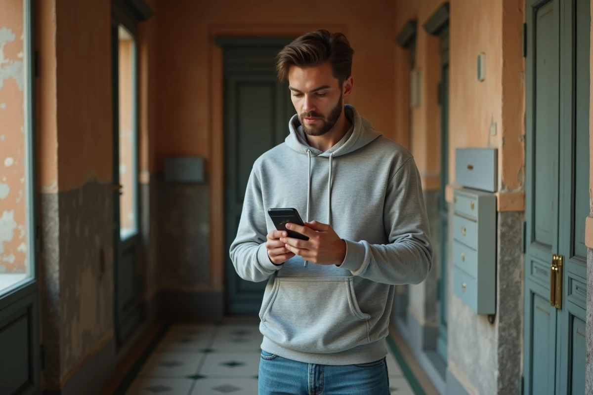 Jeune locataire consultant son assurance habitation Macif sur smartphone dans un couloir d'immeuble parisien
