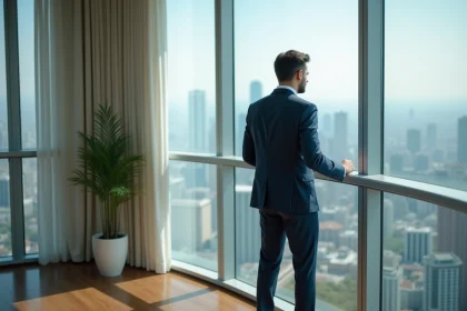 Jeune homme professionnel en costume dans un appartement moderne