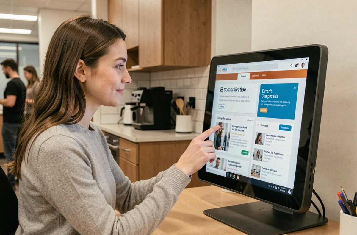 Employée interagissant avec un kiosque de communication digitale interne dans la salle de pause d'une entreprise moderne