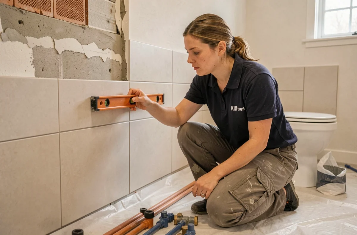 Spécialiste Kliff posant des carrelages dans une salle de bain en rénovation avec niveau à bulle et matériaux de pose
