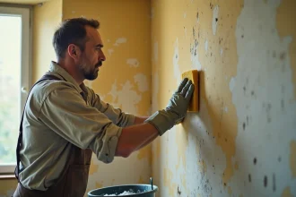 Homme en train de lessiver un mur intérieur avec une éponge et de l'eau savonneuse avant peinture