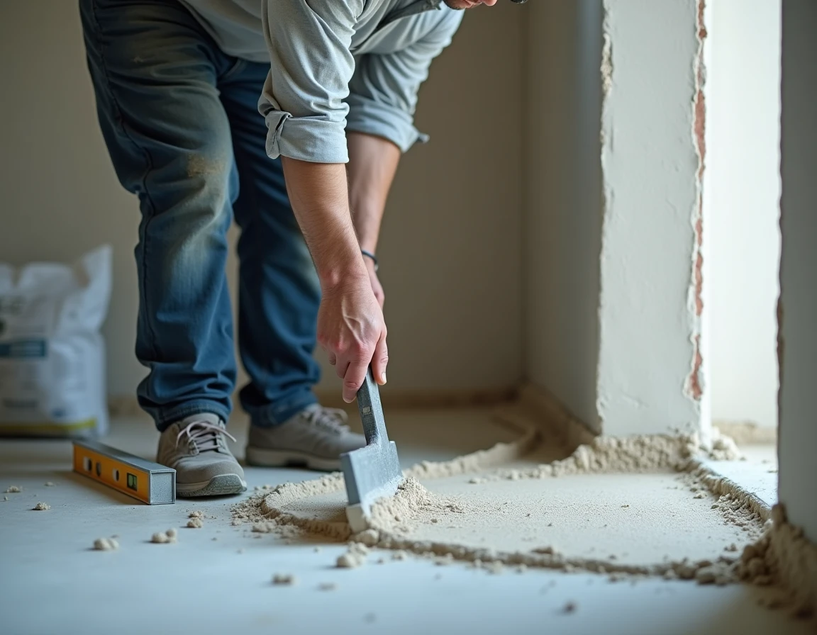 Artisan lissant un ragréage à la taloche crantée dans une salle de bain en rénovation
