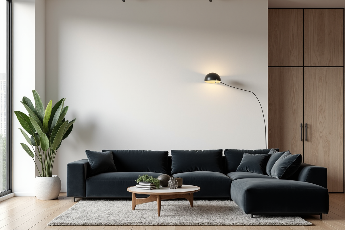 Loft spacieux avec canapé en velours foncé et lumière naturelle