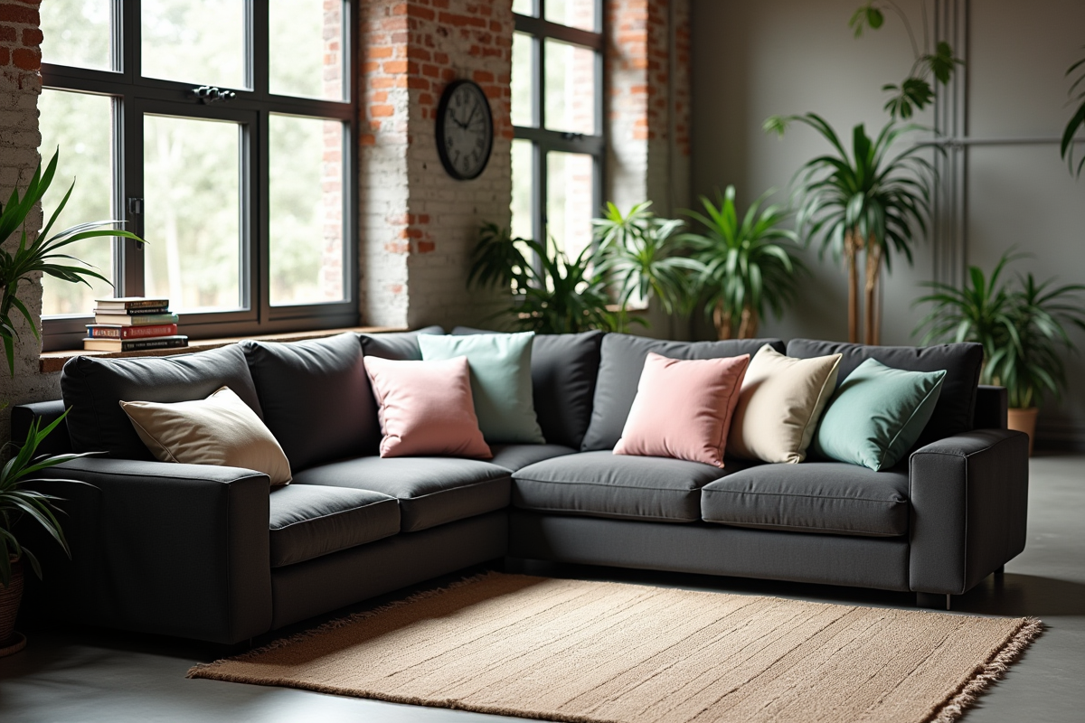 Intérieur de loft avec canapé gris foncé et coussins pastel