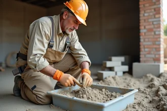 Maçon mélangeant du mortier fait maison dans une auge métallique sur un chantier de construction
