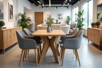 Ensemble table et chaises de salle à manger exposé dans un magasin BUT, avec un buffet assorti en arrière-plan